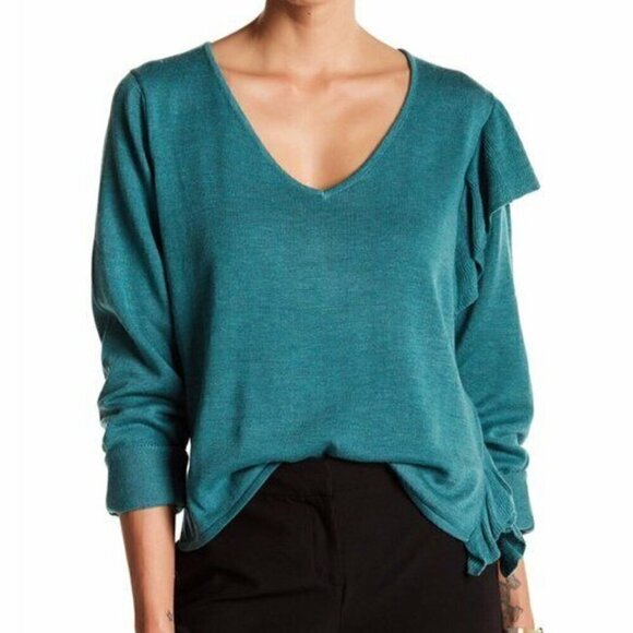 NEW JOHN JENN Asymmetrical Ruffle Sweater Teal Blue WOOL Etc Long Sleeve Medium - Picture 1 of 8
